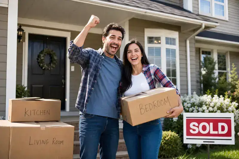 Happy couple celebrating sold home